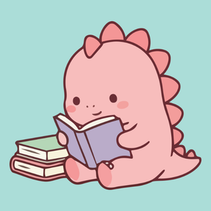 a pink dinosaur reading a book.