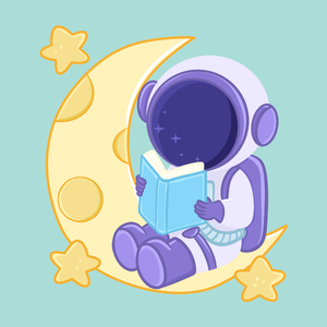 an astronaut reading a book while sitting on a crescent moon.
